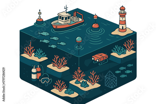 Isometric cross section of marine environment with fishing vessel, lighthouse, and coral reef