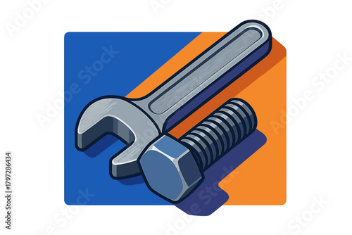 Shiny metal wrench and large hex head bolt fastener in isometric view for mechanical repair