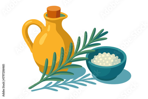 Traditional yellow oil cruet, fresh rosemary sprig, and bowl of sea salt flakes on white background