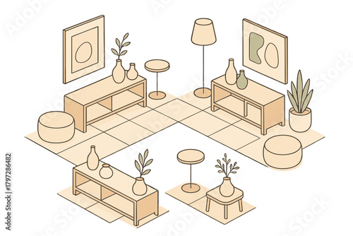Isometric minimalist living room furniture setup with plants and artwork