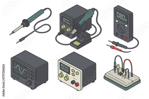 Electronic engineering tools set including soldering station, multimeter, and oscilloscope