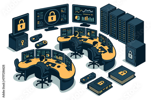 Data security team working in a control room surrounded by server racks and digital protection symbols