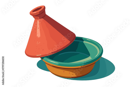 Traditional Moroccan tagine cooking pot with conical lid slightly ajar isolated on white background