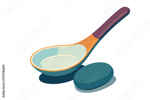 Stylized ceramic soup spoon with a long handle resting next to a textured dark oval object