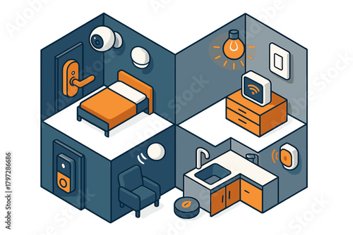 Isometric cross-section of a modern smart home interior with interconnected IoT devices and automation technology
