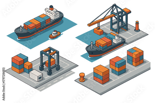 Isometric shipping port logistics elements with cargo vessels, containers, and handling machinery