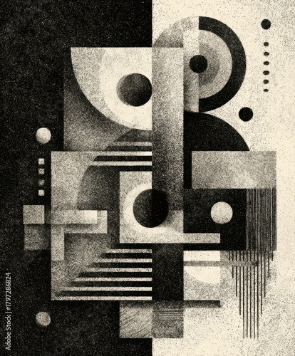 Complex Geometric Abstract Art with Circles Squares and Lines in Monochrome composition