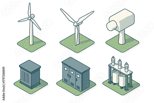 Isometric power grid elements including wind turbines, electrical transformers, and utility cabinets