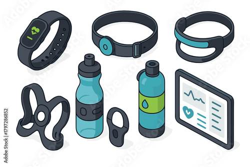 Isometric collection of wearable fitness technology, smart bands, heart rate sensors, and hydration bottles