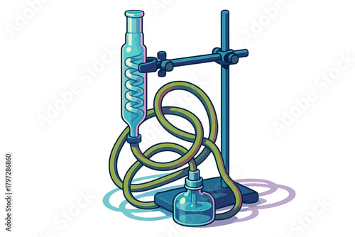 Distillation apparatus with coiled glass condenser and laboratory tubing