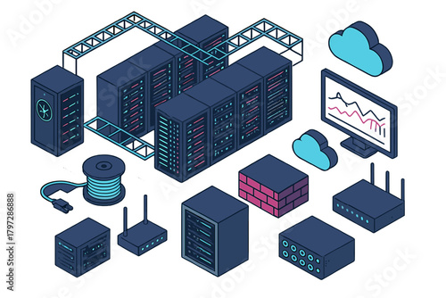 Isometric data center infrastructure showing server racks, networking equipment, and cloud computing symbols