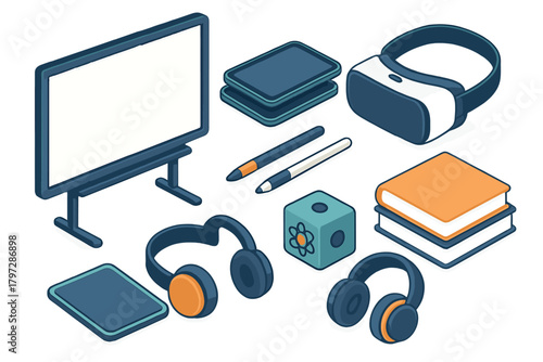 Isometric collection of creative tools, educational supplies, VR headset, headphones, and books