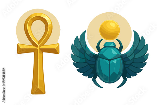 Golden Ankh cross and winged turquoise Scarab, iconic Ancient Egyptian symbols