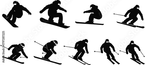 Silhouettes of skiers and snowboarders