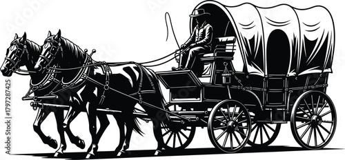Silhouette of a covered wagon pulled by two horses