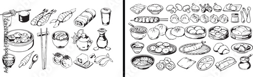 Japanese Cuisine Illustration, Sushi Line Drawing, Hand Drawn Japanese Food Vector, Minimal Oriental Artwork, Delicious Sushi Design, Black and White Cuisine Art, Elegant Asian Food Illustration, Trad