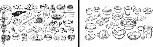 Asian Food Illustration, Bowl Line Drawing, Hand Drawn Food Vector, Delicious Cuisine Sketch, Minimal Asian Art, Black and White Food Artwork, Oriental Cuisine Illustration, Traditional Dish Vector, C