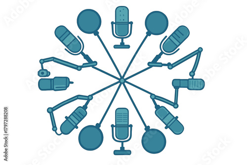 Radial arrangement of professional audio equipment and microphones for broadcasting and podcasting