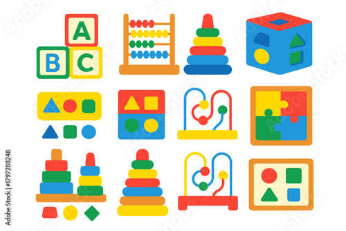 Brightly colored educational toys set with alphabet blocks, stacking rings, abacus, and shape sorters