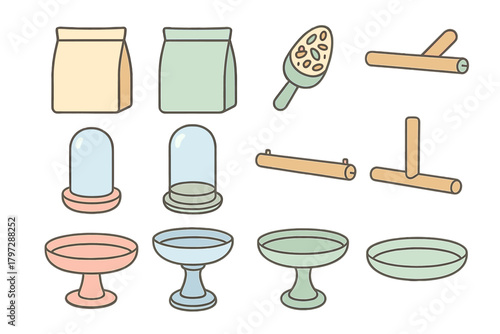 Essential supplies and accessories for pet birds and small caged animals including food, feeders, perches, and dishes