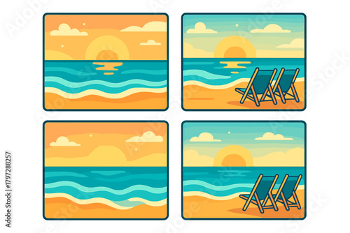 Four stylized beach scenes featuring ocean waves, sandy shore, and sunset or sunrise views