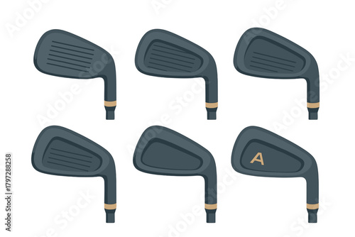 Set of six modern golf club iron heads featuring dark gray metallic finish and gold color accents
