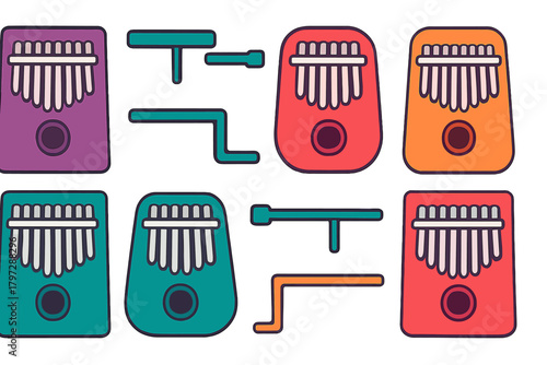 Collection of colorful thumb pianos and abstract geometric elements for music design