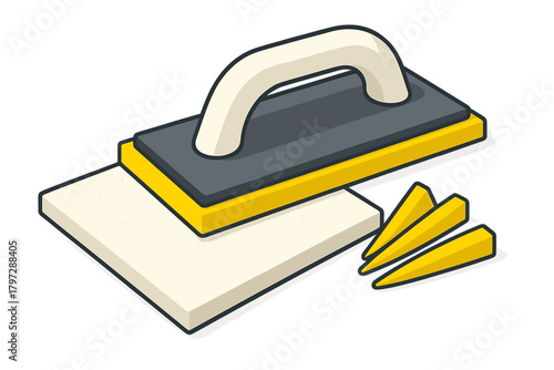 Set of construction tools including a plastering float and three yellow plastic wedges