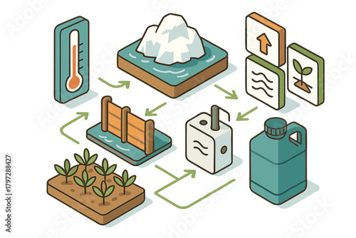 Isometric cycle of global warming showing melting ice, water scarcity, and agricultural impact