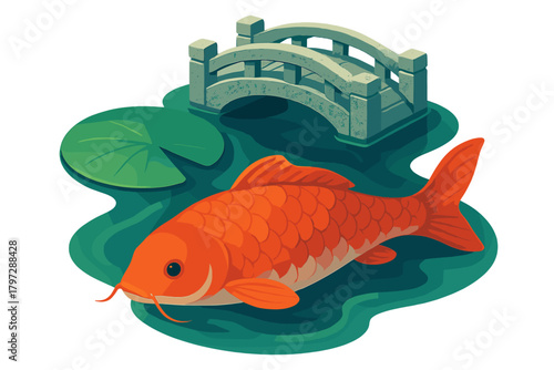 Vibrant orange koi fish swimming in a pond with a stone bridge and large green lily pad