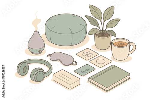 Cozy collection of self-care objects: meditation cushion, diffuser, headphones, and tea items