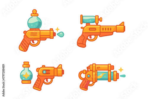 Four cartoon sci-fi fantasy weapons featuring liquid tanks and bright orange details