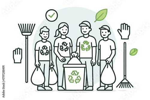 Diverse volunteers cleaning up community park using recycling bins and tools