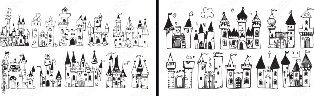Fototapeta premium Castle Illustration Drawing, Medieval Palace Art, Hand Drawn Castle Vector, Historic Architecture Design, Ancient Building Sketch, Fairytale Palace Illustration, Black and White Castle Art, Decorative