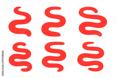 Repeating pattern of six identical red wavy abstract shapes on a clean white background