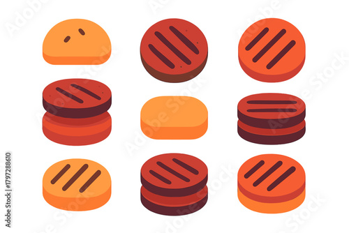 Isometric components of a burger including grilled meat patties and bread buns