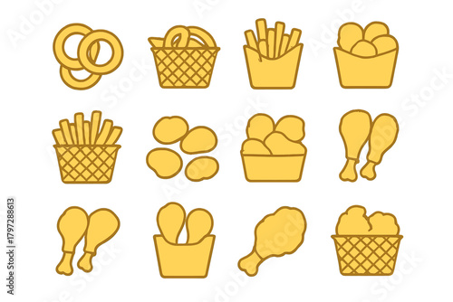 Assortment of deep fried snacks and fast food icons featuring chicken, potatoes, and onion rings