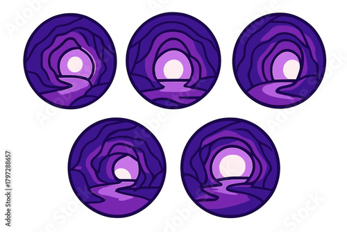 Abstract purple cave entrances with bright light and winding path set of five