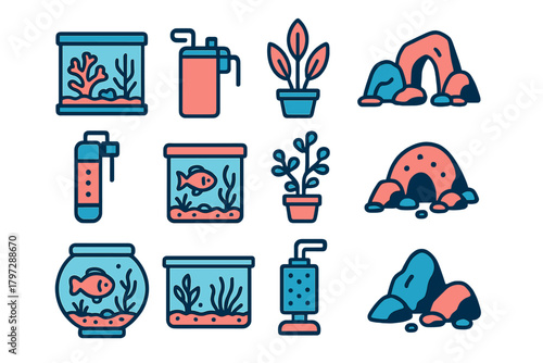 Aquarium setup elements including fish tanks, tropical fish, water filters, aquatic plants, and decorative rocks
