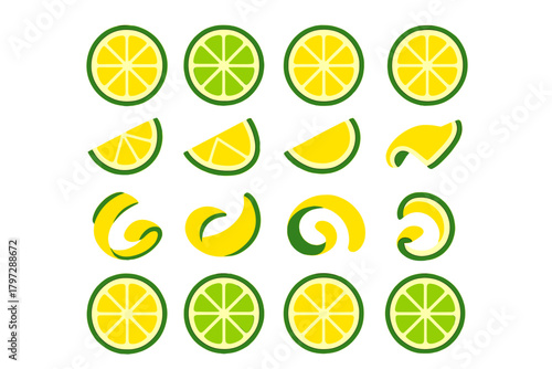 Stylized collection of fresh lemon and lime slices, wedges, and curled citrus peels