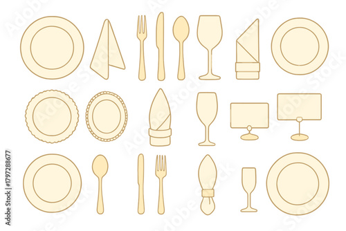 Set of essential tableware and dining elements including plates cutlery and glasses