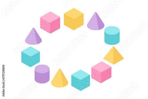 Isometric arrangement of colorful 3D geometric shapes including cubes, cones, cylinders, and pyramids