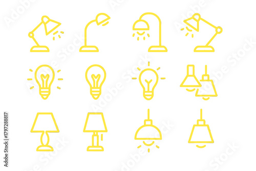 Various outline icons featuring desk lamps, ceiling lights, and glowing bulbs