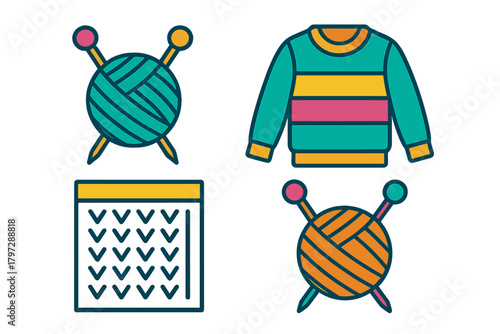 Colorful knitting and yarn craft elements including sweater, yarn balls, and pattern swatch