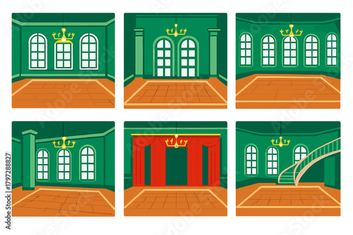 Collection of ornate empty rooms featuring classical architecture and grand chandeliers