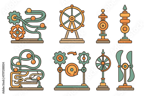 Abstract mechanical devices featuring gears, perpetual motion machines, wheels, and propellers in retro style