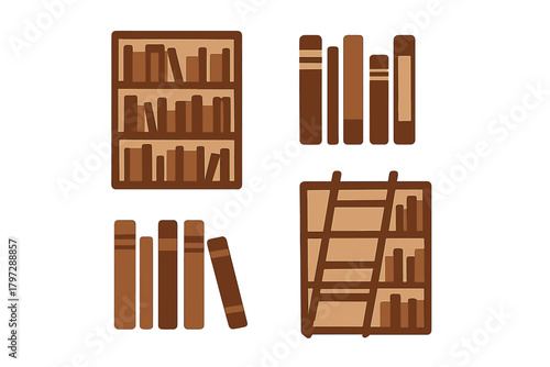 Stylized brown bookshelves and stacks of books representing education and knowledge