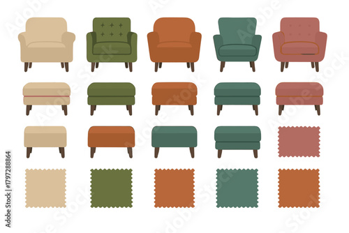 Modern upholstered armchairs, ottomans, and fabric color swatches for interior design
