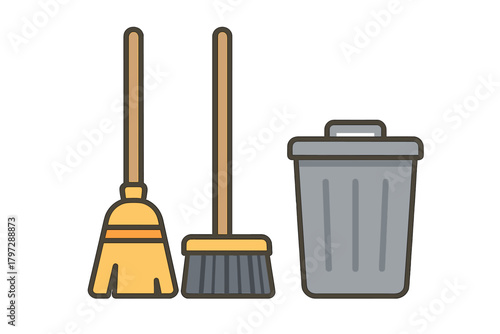 Set of household cleaning equipment including two brooms and a trash can on white