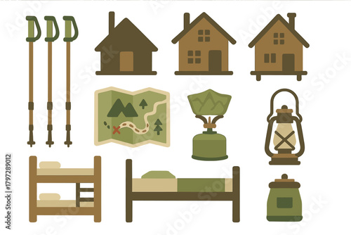 Set of outdoor recreation and lodging elements: cabins, trekking poles, map, camping stove, and beds